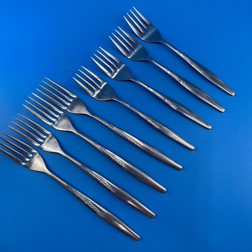 Prudential Wheat Sprig Dinner Salad Forks Tapered Long Stainless Japan MCM Set 8